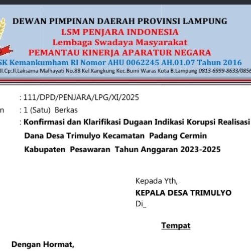 Lsm Penjara Indonesia Dpd Lampung Resmi Layangkan Surat Konfirmasi dan Klarifikasi Dugaan Korupsi Dana Desa Trimulyo TA 2023-2025