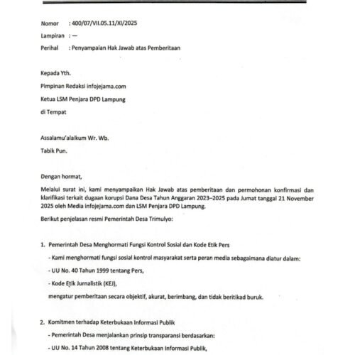 Pemdes Trimulyo Kec. Padang Cermin Balasan Surat Konfirmasi dan Klarifikasi Kepada Media Dan Lsm Penjara Dpd Lampung