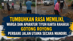 Tumbuhkan Rasa Memiliki, Warga dan Aparatur Tiyuh Karta Raharja Gotong Royong Perbaiki Jalan Utama secara Mandiri