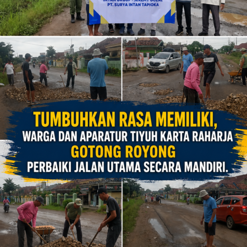 Tumbuhkan Rasa Memiliki, Warga dan Aparatur Tiyuh Karta Raharja Gotong Royong Perbaiki Jalan Utama secara Mandiri