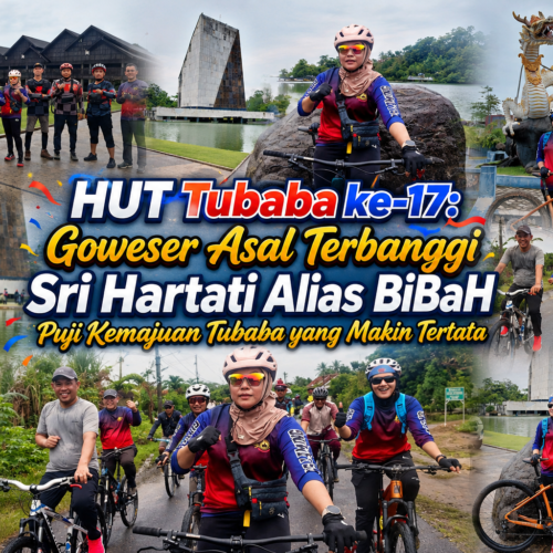 Takjub Pembangunan Era Umar Ahmad, Goweser Lamteng Sri Hartati alias BIBAH dan Ketua ISSI Hi. Indra Jaya Ramaikan Gowes HUT Tubaba Ke-17