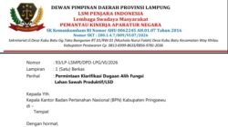 LSM PENJARA INDONESIA LAYANGKAN SURAT PERMINTAAN KLARIFIKASI KE BPN PRINGSEWU TERKAIT DUGAAN ALIH FUNGSI SAWAH PRODUKTIF LSD DI PEKON WONODADI