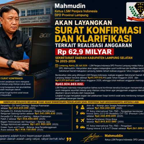 LSM Penjara Indonesia DPD Lampung Akan Layangkan Surat Konfirmasi Ke Sekda Lampung Selatan Terkait Realisasi Anggaran Rp 62,9 Milyar TA 2025-2026
