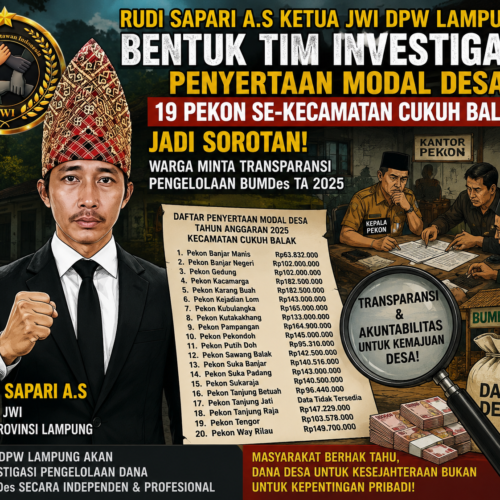 Rudi Sapari A.S Ketua JWI DPW Lampung Segera Bentuk Tim Investigasi, Penyertaan Modal BUMDes 19 Pekon di Kecamatan Cukuh Balak Jadi Sorotan