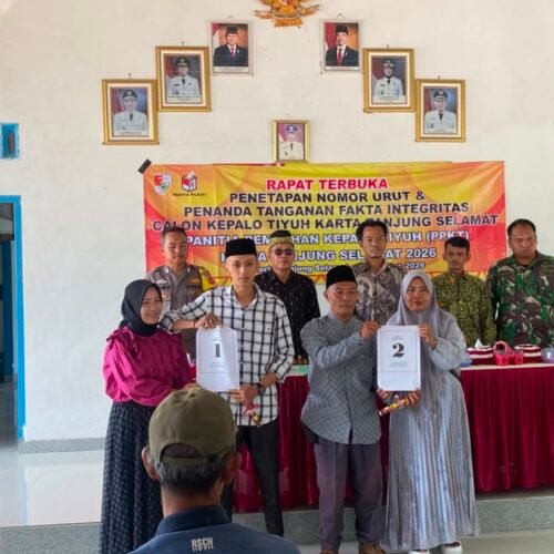 Penandatanganan Fakta Integritas dan Penetapan Nomor Urut Calon Kepala Tiyuh Karta Tanjung Selamat Berjalan Lancar dan Kondusif