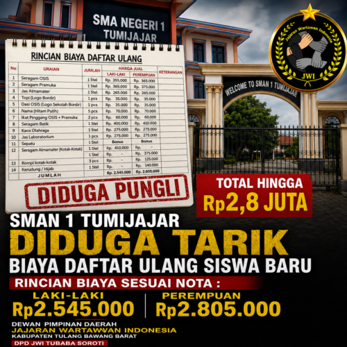 SMAN 1 Tumijajar Diduga Tarik Biaya Daftar Ulang Siswa Baru hingga Rp2,8 Juta, Ketua JWI TUBABA Soroti