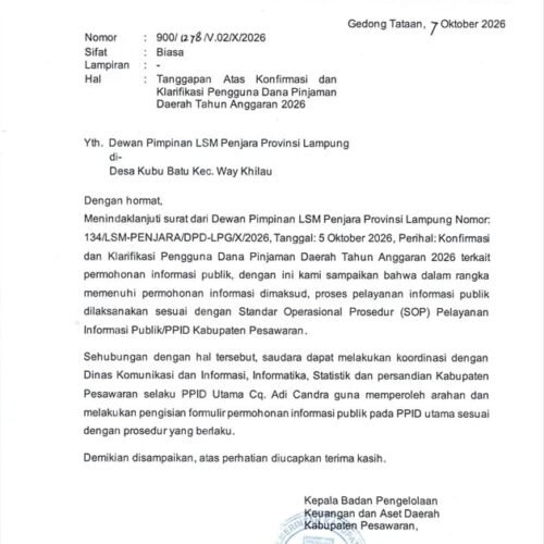 LSM Penjara Indonesia Pertanyakan Penggunaan Pinjaman Daerah Pesawaran 2026, BPKAD Arahkan Permohonan Informasi Melalui PPID