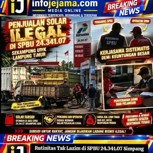 Lampung Timur, info jejama.com Rabu, 28 Oktober 2026 ‎ ‎Pihak SPBU 24.341.07, Simpang Pugung Raharjo, Desa Gunung Sugih Besar, Kecamatan Sekampung Udik, Kabupaten Lampung Timur, mengaku tidak mengetahui adanya praktik curang pengecoran Bahan Bakar Minyak (BBM) bersubsidi jenis solar yang dilakukan oleh sekelompok warga untuk diperjualbelikan kembali. ‎ ‎Pengawas SPBU Simpang Pugung, Ardian saat dikonfirmasi mengatakan bahwa pihaknya menerapkan standar operasional prosedur (SOP) bagi pembeli solar bersubsidi dalam satu Shif diperbolehkan mengisi satu kali dan wajib menggunakan barcode sesuai dengan nomor polisi kendaraan. ‎ ‎“SOP pengisian dalam 1 shif satu kali, plat dan barkot wajib sesuai pak” ujarnya dikonfirmasi info jejama.com Sabtu (12/9/2026). ‎ ‎Ditanya terkait adanya sejumlah pengecor solar bersubsidi yang membayar kepada SA dan YU dengan nilai 50-60 ribu rupiah per mobil agar dapat mengisi tanpa mengantre, Ia mengaku tidak tahu-menahu. ‎ ‎“Kalau soal ini kami pihak SPBU, sama sekali kami tidak tau” jelasnya. ‎ ‎Sementara dilokasi dari hasil pantauan media sejumlah kendaraan truk dimodifikasi menggunakan 2 tangki bahan bakar. ‎ ‎Sangat mengherankan kendaraan tersebut juga terlihat setiap hari melakukan pengecoran BBM jenis solar, kuat dugaan solar tersebut diperjualbelikan kembali untuk memperoleh keuntungan yang besar. ‎ ‎Kapolres Lampung Timur AKBP Yuliansyah usai mendapatkan informasi adanya pembelian BBM jenis solar bersubsidi yang diduga dilakukan secara curang berjanji segera menindaklanjutinya.