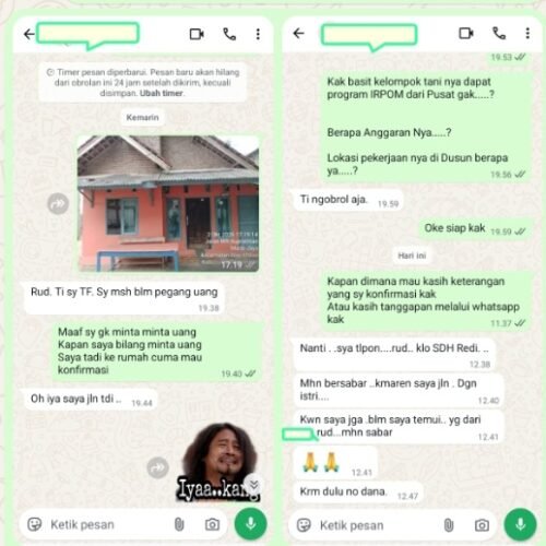 BS Ketua Kelompok Tani Penerima Program IRPOM di Mada Jaya Diduga Hendak Beri Uang kepada Wartawan Saat Hendak Konfirmasi Jadi Pertanyaan